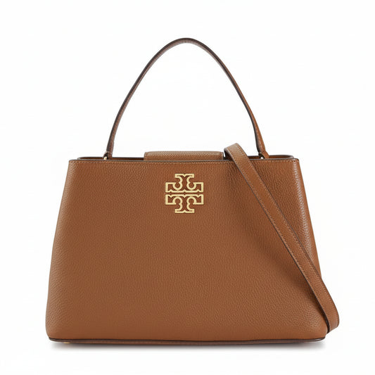 Brown handbag with a gold logo on a white background