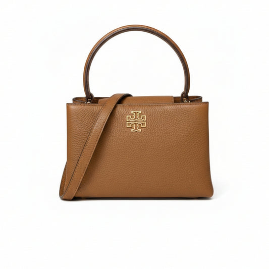 Brown leather handbag with a visible brand logo on a white background