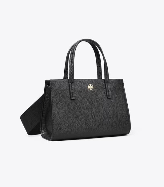 Black handbag with a strap on a white background