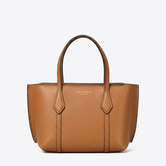 Tory Burch Mini Perry Tote crafted in smooth autumn brown leather with slim top handles