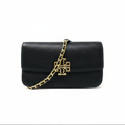 Tory Burch Britten Chain Wallet with Wristlet in black pebbled leather