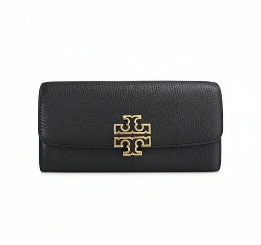 Tory Burch Britten envelope wallet in black pebbled leather with gold-tone hardware